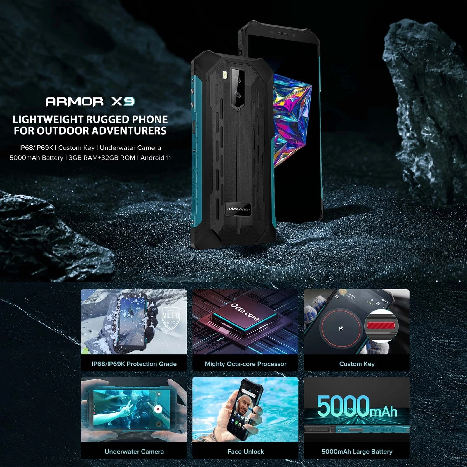 Ulefone Armor X9 IP69K Rugged Phone Android 11 Mobile Helio A25 Octa Core 3GB 32GB 5.5'' Screen Cell 5000mAh Smartphone OTG NFC