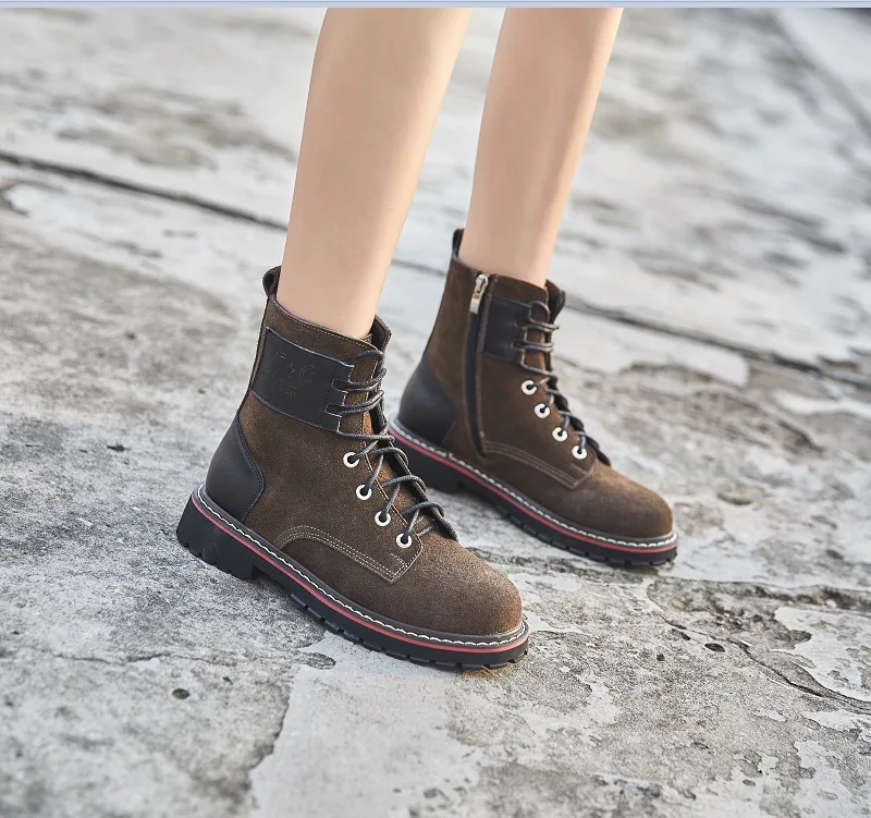 

Fashion Leisure Retro Women Boots Ankle Round Toe Low Hoof Heels Punk Motorcycle Boots Sewing Patchwork Lace up Shoes
