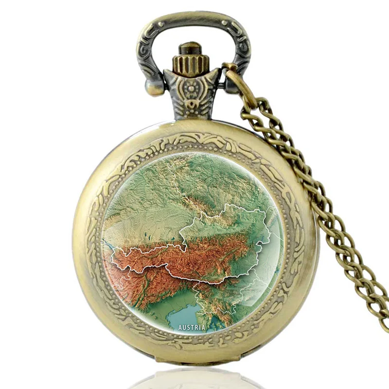 

Vintage Austria Map Design Charm Quartz Pocket Watch Men Women Glass Dome Pendant Necklace Hours Clock Gifts