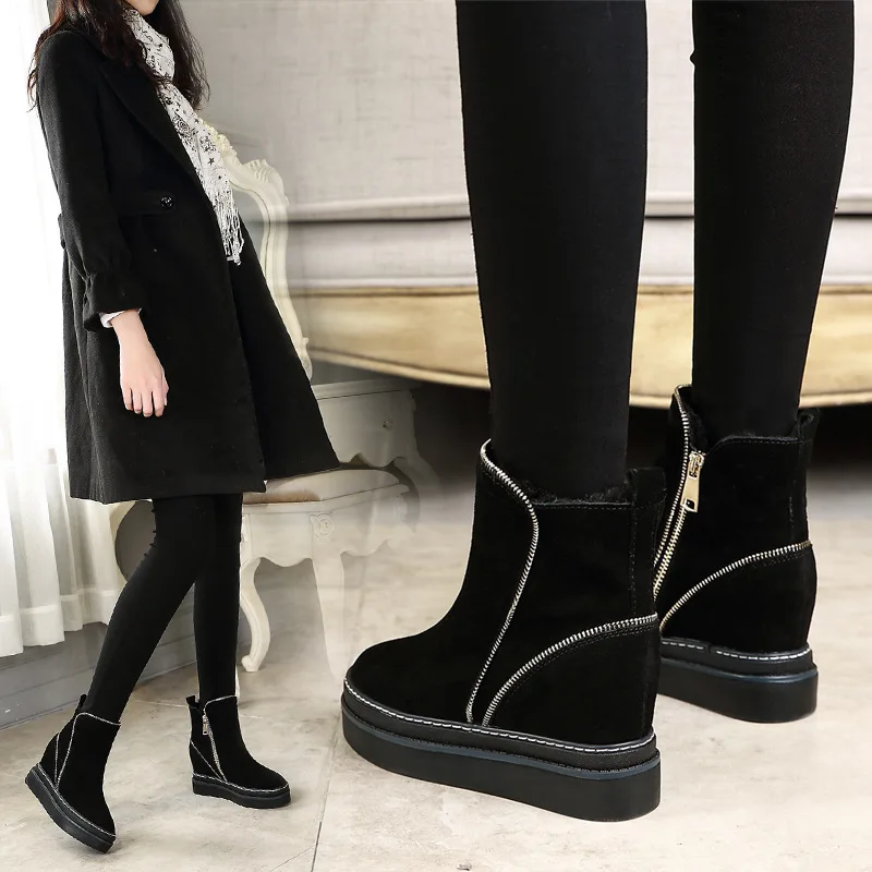 Thick-soled Inner Heightening Short Boots, Side Zipper and Velvet Warm Cotton Shoes, Fashion Ladies Snow Cotton Short Boots