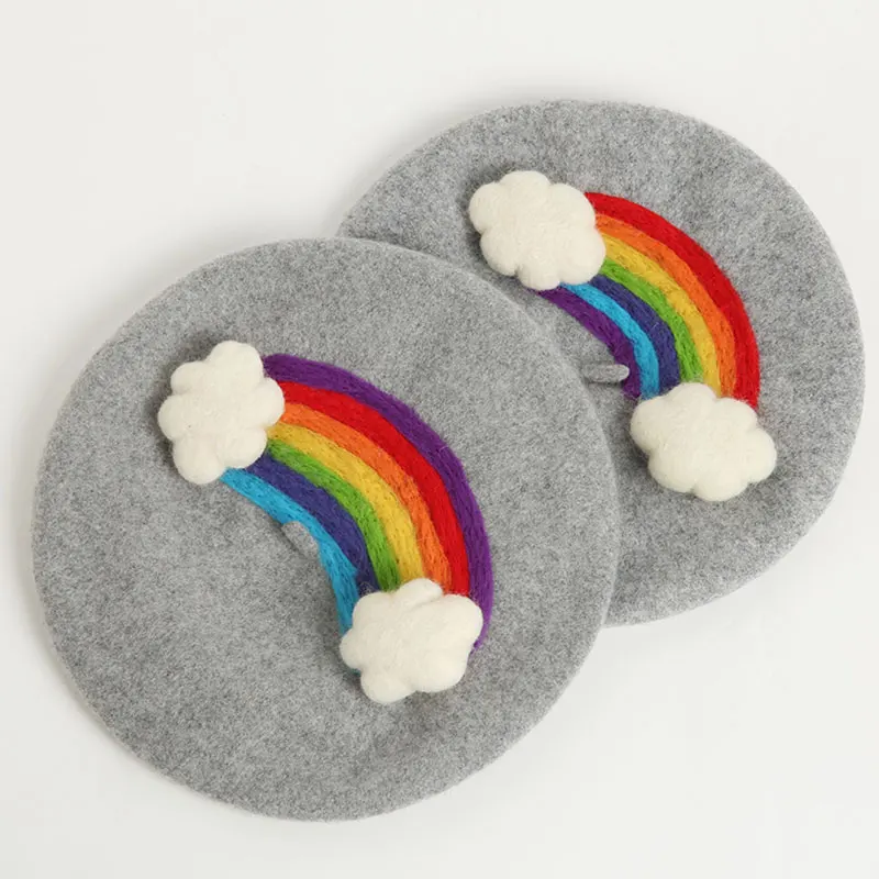 

Fashion Rainbow Wool Berets Caps Women Vintage Cute Party Hats Painter Style Birthday Gift Female Cartoon Warm Wild Walking Caps