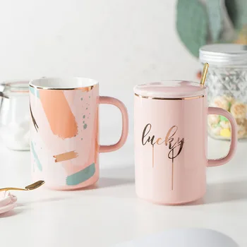 

Korean Creative Ceramic Mug Modern Girl Pink with Spoon with Lid Mug Fashion Kubek Do Kawy Korean Office Coffee Milk Mug MM60MKB