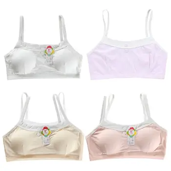 

Puberty Girls Decorative Buttons Front Underwear Bra Contrast Color Spaghetti Straps Bralette Wireless Double Layer Summer Vest