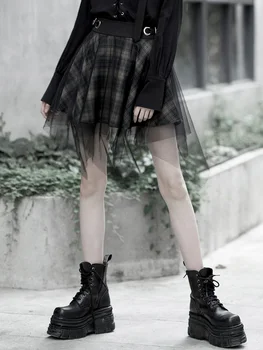 

PUNKRAVE College Style Design Short Skirt Plaid Mesh Irregular Skirt Female High Waist Was Thin A Word Skirt