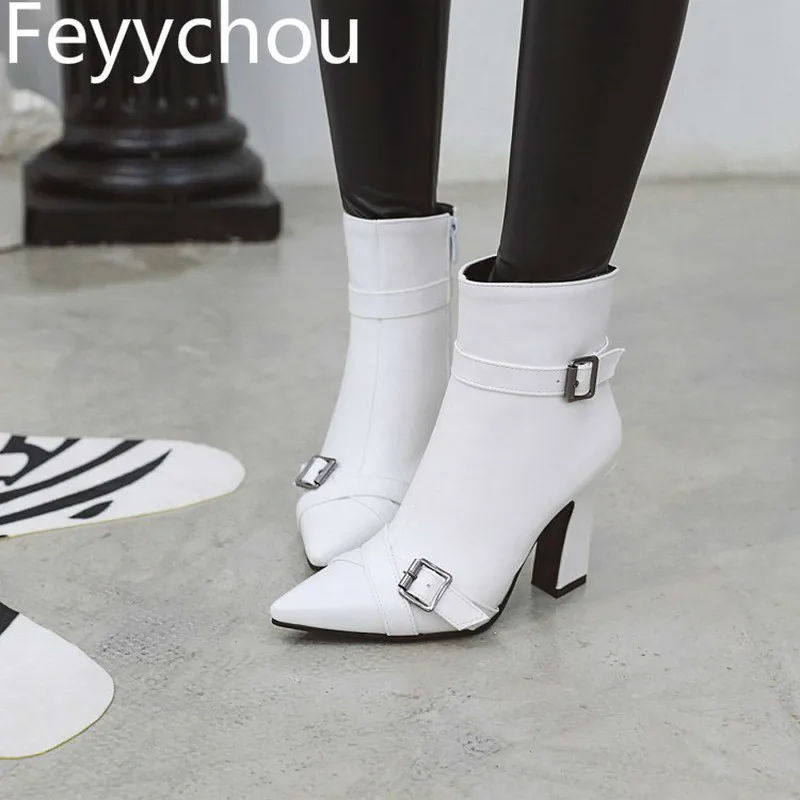 

Women's Boots Autumn Winter Super High Heel Pu Pointed Toe Ankle Zip Chelsea Shoes Buckle 2019 Sexy New Fashion Casual White