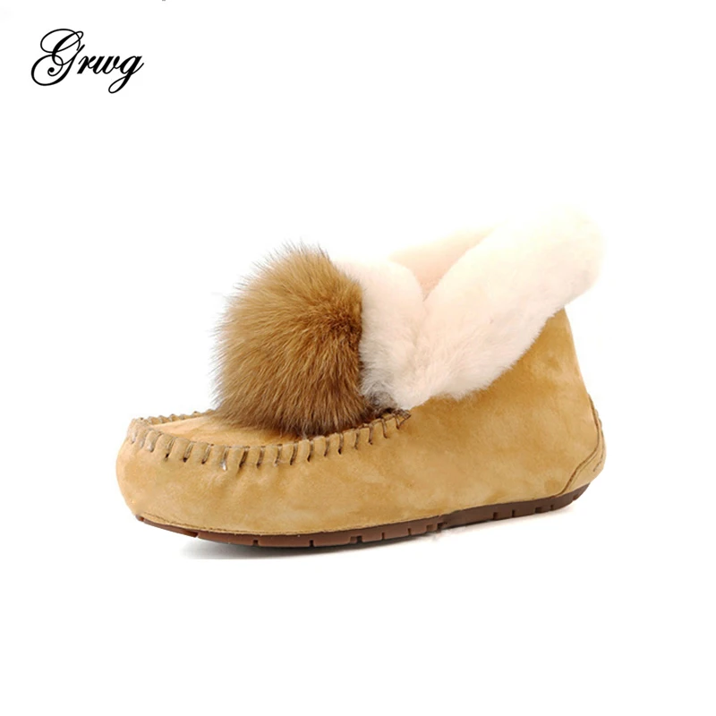 

GRWG Winter Shoes 100% Genuine Leather Loafers 2019 Real Fur Winter Classic Flats For Women's Fashion Shoes