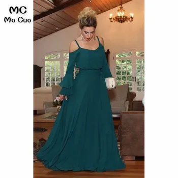 

Dark Green Evening Dresses Long Spaghetti Straps Sweep Train Long Sleeve Women's Evening Dress Chiffon Prom Dress Custom Made