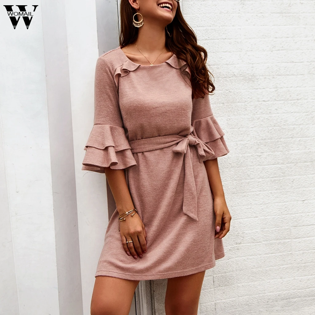 

Womail Party Dresses Womens Fashion Vestidos Flare Sleeve Bandage O-Neck Half Sleeve Autumn Solid Color Dresses AG01 Vestidos