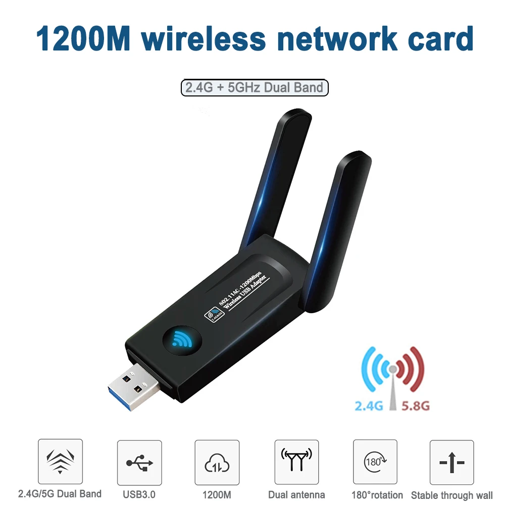 Tốc Độ Không Dây 1200Mbps USB Wifi USB3.0 Mạng AP Phát Wifi USB LAN Ethernet 2 Băng Tần 2.4G 5.8G Cho Win10 Máy Tính Laptop