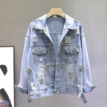 

Vintage Jeans Jacket Women 2020 Spring Autumn New Single-breasted Diamond Tassel Hole Short Denim Jacket Ladies Tops tide H110