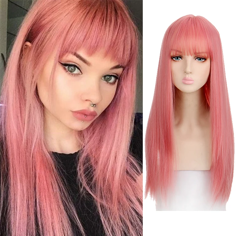 

XUANGUANG Long Straight Hair Lolita Cosplay Wig with Bangs Synthetic Ladies Lolita Wig Golden Pink Multiple Colour 24Inch
