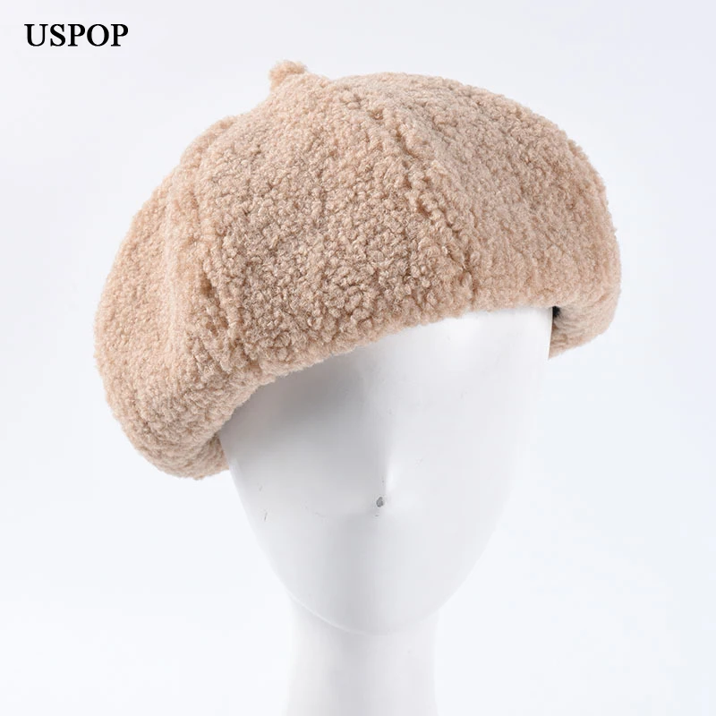 

USPOP 2019 New women berets winter thick warm hats solid color lamb hair diamond pattern berets