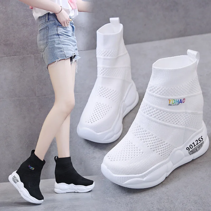 

Platform Fly Woven Slip-on wa zi xie Women's Elevator Slanted Heel Casual Shoes Hight-top Breathable WOMEN'S Shoes