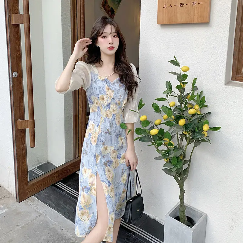 Dresses Women Spliced Romantic Printed Korean Style Elegant Empire Side-slit Feminine Trendy Vestdios Sweet Female Puff Sleeve zara dresses