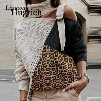 

Turtleneck Long Sleeve Knitted Sweater Women Sexy Off Shoulder Patchwork Pullover 2019 Winter Autumn Fashion Ribbed Sweaters Top