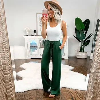 

2019 New Fashion Women Summer Beach Solid High Waist Lace-up Long Pants Casual Drawstring Elastic Straight Loose Pencil Trousers