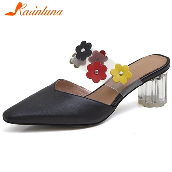

KARINLUNA High Clear Heels Leisure Mules Pointed Toe Genuine Leather Women Mules Brand New Concise Flowers Dress Women Shoes