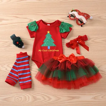 

2020 Cross Border Holiday New Style 0-1 Years Old Jumpsuit for Baby Girl wang sha qun Set Christmas Romper Four-piece Set