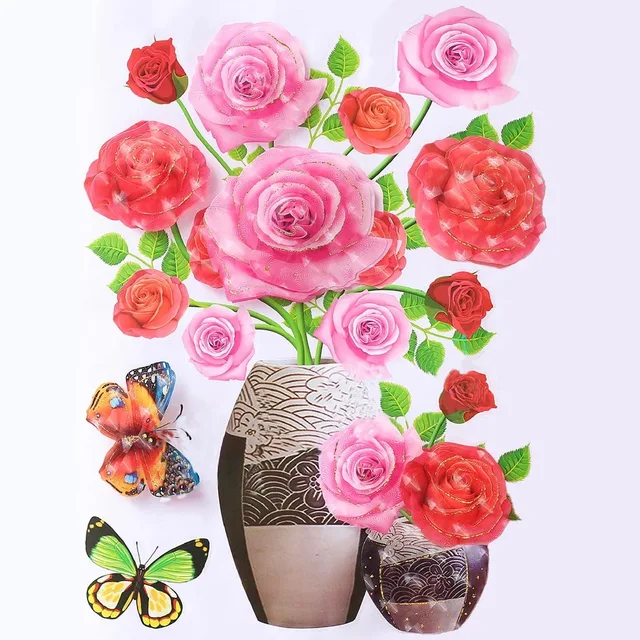 3D simulation rose flower sticker stereo simulation vase wall sticker home background decoration waterproof self-adhesive Light Green
