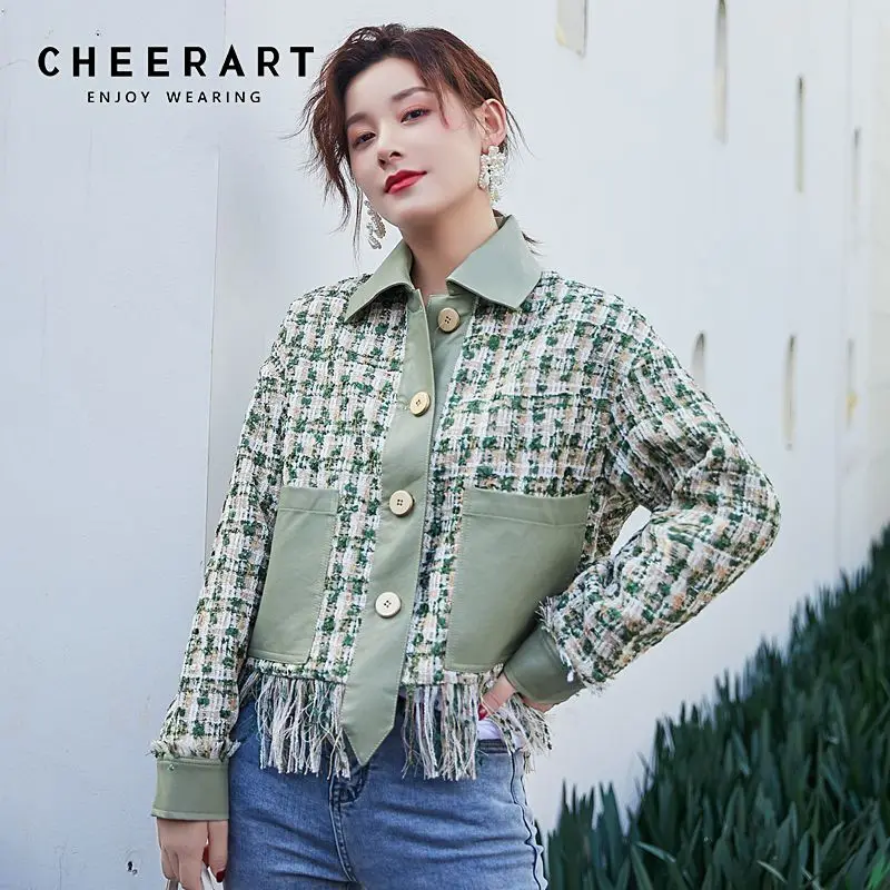 CHEERART зеленая твидовая куртка короткое пальто женская Лоскутная Повседневная