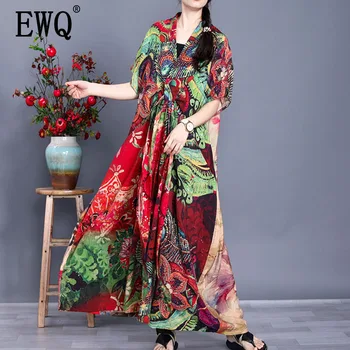 

[EWQ] 2020 Spring Summer New Arrivals V-neck Short Sleeve Print Pattern Women Casual Loose Was Thin Irregular Dress AY67903