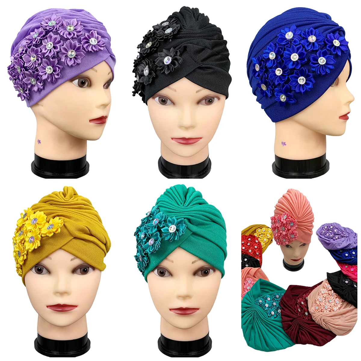 

A Dozen Fashion Muslim Female Turban Hat Bonnet Gold Velvet Hot Rhinestone Solid Indian Beanie Hair Bonnets Cap For Women