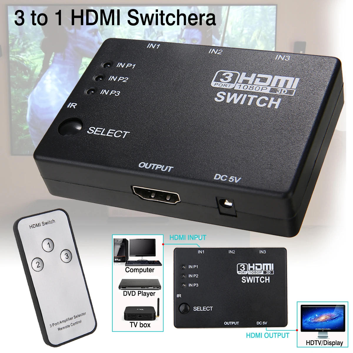 

3x1 Full HD 1080p HDMI Splitter 3 Port Hub Box Auto Switch 3 In 1 Out Switcher With Remote Control For PS3 Xbox 360 HD-DVD