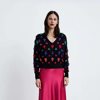 

New ZA Winter Sweater for Women 2019 Black White V-Neck Long Sleeve Fruit Pattern Elegant Chic Winter Clothes Sweater Wholesale