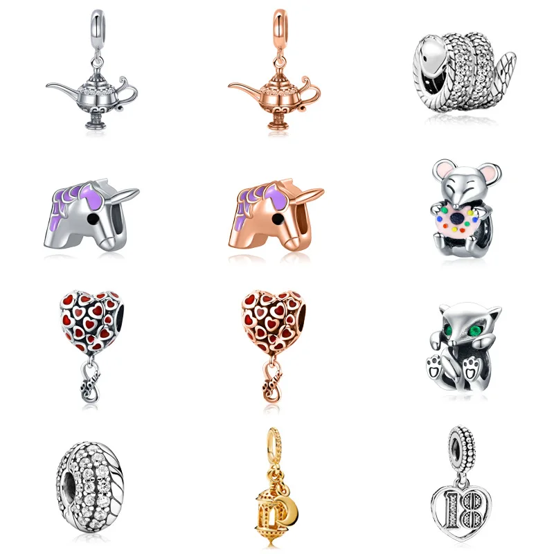 

New Fashion Charm Original Pull Kettle Mouse Wheel Pendant Beads Fit Original Pandora Ladies Bracelet Jewelry Accessories Gift