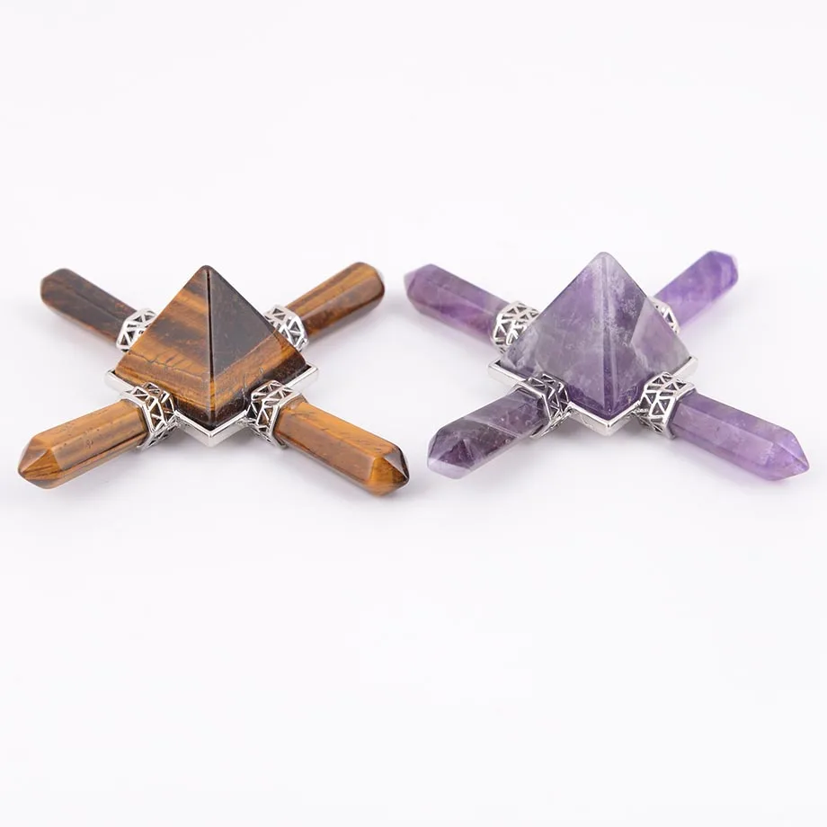 

Natural Gem Stone Reiki Indian Chakra 4 Point Pyramid Energy Generator White Purple Pink Crystal Obsidian Tiger Eye D503--D508