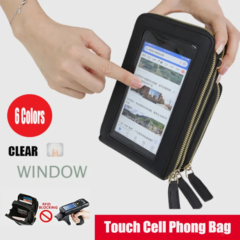 

Multifunctional Touch Screen Mobile Phone Bag PU Shoulder Storage Bag Female Student Small Bag RFID Coin Purse