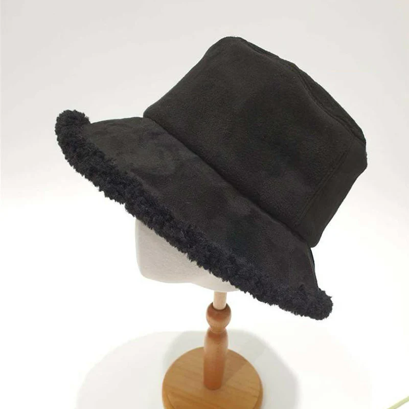 Winter Lamb Wool Suede Bucket Hat Women Thick Warm Fur Fisherman Hat Girls Solid Casual Fashion Panama Travel Harajuku Bob