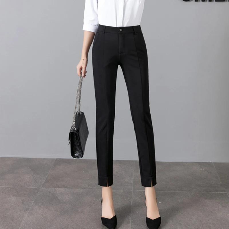 Женские узкие брюки осень, высокая талия, эластичные по щиколотку, рабочая одежда, женские офисные брюки, однотонные повседневные тонкие женские брюки - Цвет: Черный