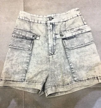

[ElfStyle] - Woman Washed Denim Shorts High Waist Sides Big Pockets with Straps NEW FASHION SHORT Pants
