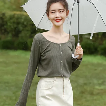 

2020 Autumn Vintage Casual Base Section Texture Simple Button Cardigan Square Collar Base Outer Wear Long-sleeved T-shirt Female