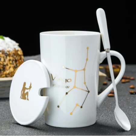 Virgo-White 12 созвездий креативные керамические кружки с ложкой Крышкой Золотой фарфор Зодиак молоко кофе чашка 420 мл воды посуда для напитков B005 - Цвет: Virgo-White