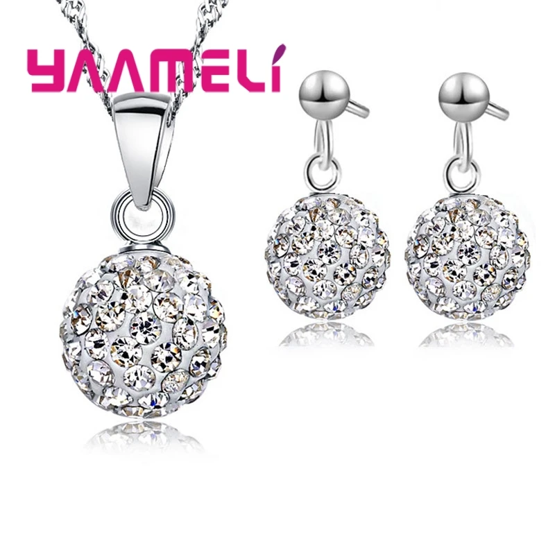 925 Sterling Silver Bridal Jewelry Sets Women Girls Wedding Gifts Austrian Crystal Paved CZ Disco Ball Necklace Hoop Earrings 