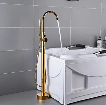 

Bathtub Faucet Brass Gold Floor Mount Bathroom Faucet Swivel Spout Single Handle Tub Filler Hand Shower Sprayer Mixer Tap