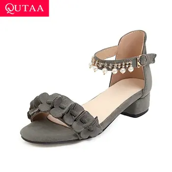 

QUTAA 2020 String Bead Fashion Women Pumps Flock Square Low Heel Ladies Sandals Buckle Hollow Summer Women Shoes Big Size 34-43