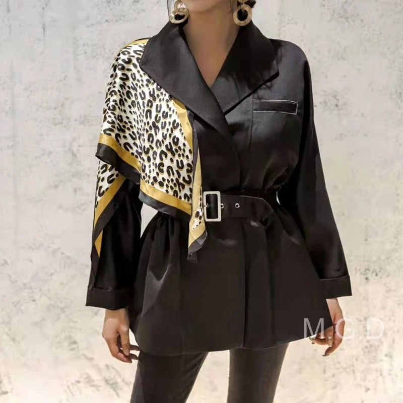 incredible  TWOTWINSTYLE Patchwork Leopard Women's Coats Lapel Collar Long Sleeve High Waist With Sashes Female