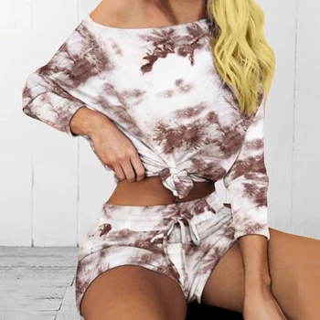 

2020 New Womens Tie Dye Printed Short Pajamas Set Long Sleeve Tops and Shorts PJ Set Loungewear Nightwear Sleepwear