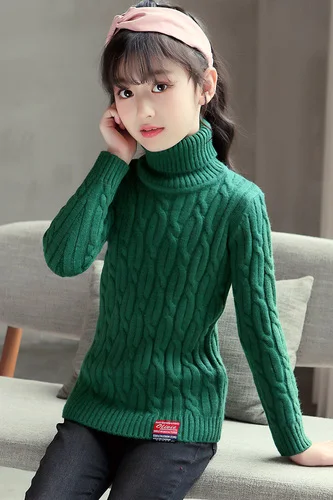 Зеленый New Fall Sweater Kids Sweaters Autumn Girls Turtleneck Sweaters 4-12 Age Teenage Pullover Winter Knitted Bottoming Sweaters - Цвет: Зеленый