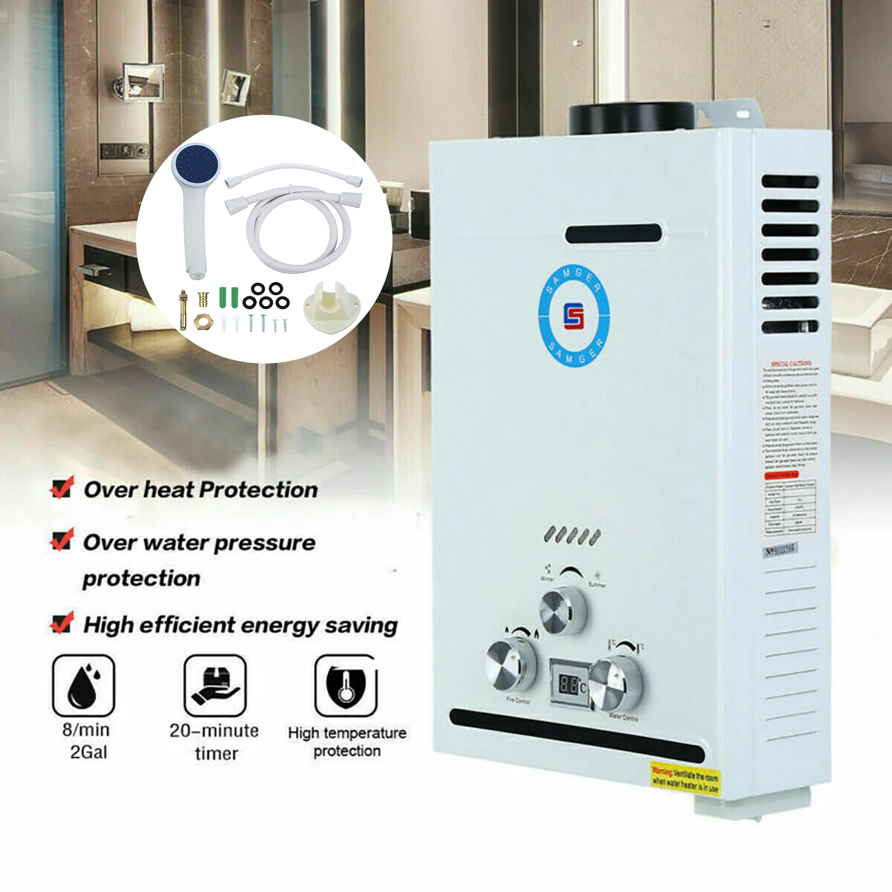 Honhill-calentador de agua de Gas de 8 L, 16KW, instantáneo, con cabezal de ducha, sin depósito, calentador de agua caliente y fría para el hogar y Camping