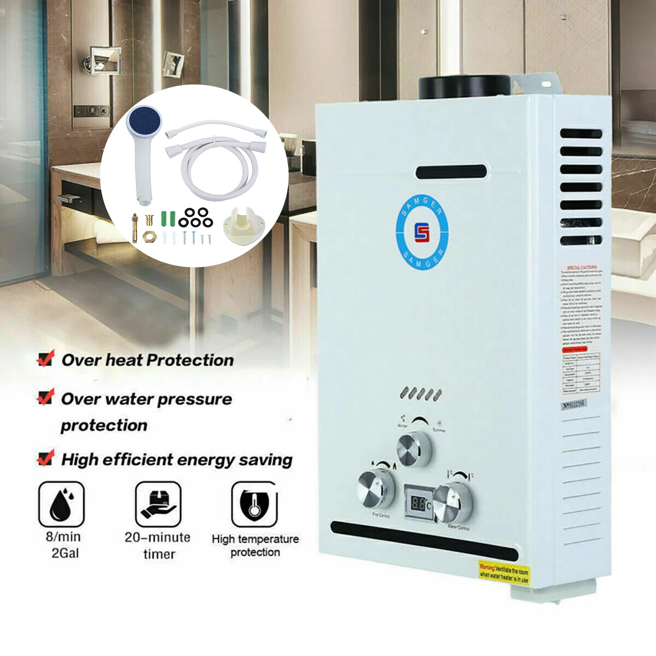 Compra Honhill-calentador de agua de Gas de 8 L, 16KW, instantáneo, con cabezal de ducha, sin depósito, calentador de agua caliente y fría para el hogar y Camping Zn7mzeAgr0p