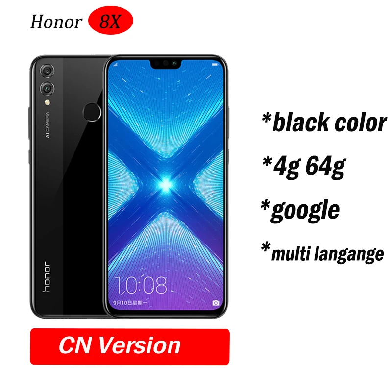 4g64 Black Глобальный Встроенная память Huawe Honor 8X6,5 ''полный экран ОТА обновление смартфон не 8x max мобильного телефона Android 8,1 Восьмиядерный отпечаток пальца ID - Цвет: 4g64 Black
