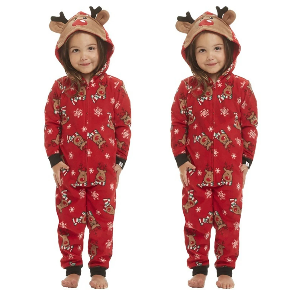 Family Matching Christmas Pajamas Set Elk Romper Jumpsuit Women Men Baby Kids Red Print Xmas Sleepwear Nightwear Hooded Zipper Outfits (10)