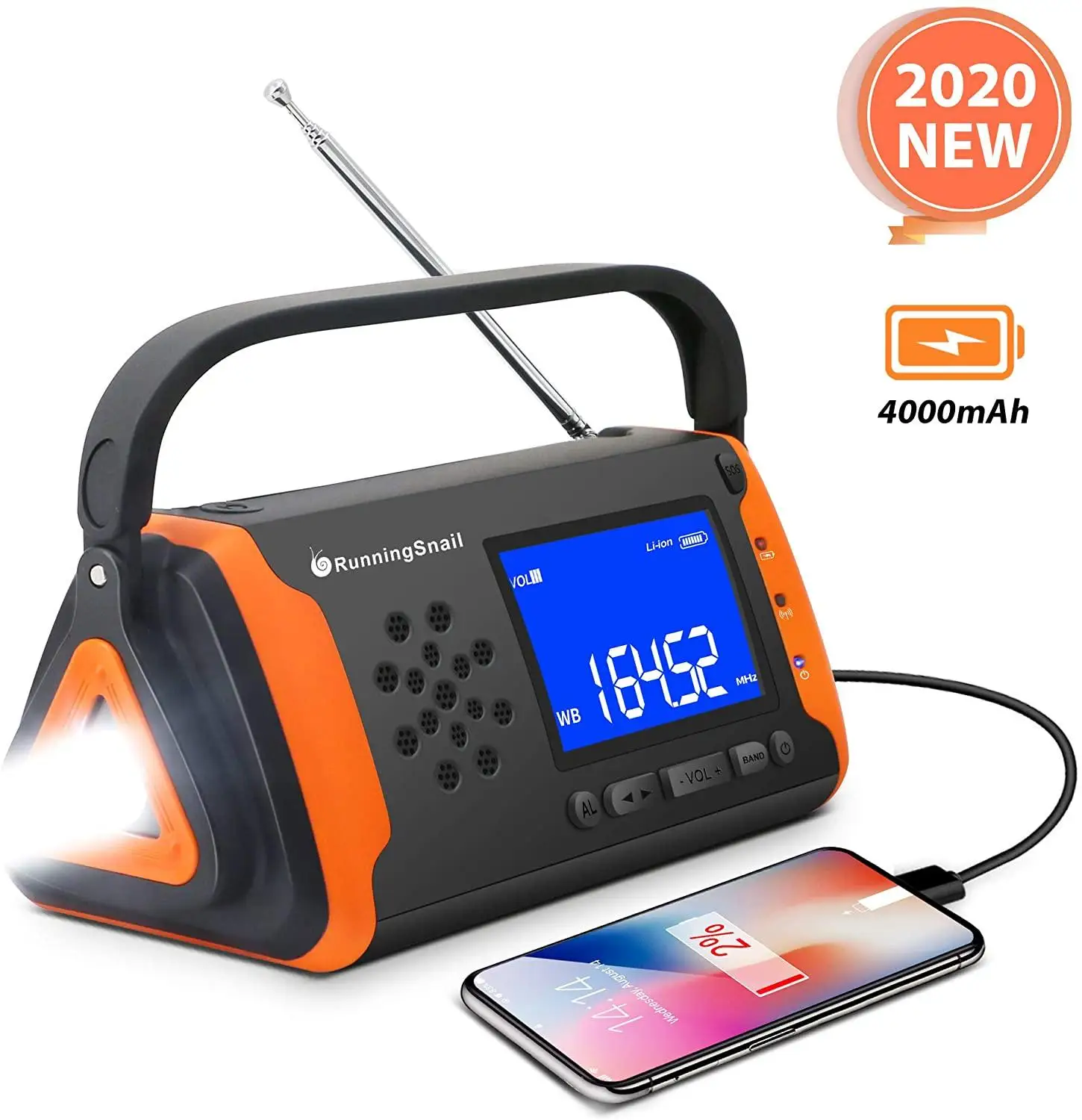 Portable Radio Emergency NOAA Weather Crank Solar Powered 4000mAh Battery Power Bright Flashlight AUX Speaker Outdoor Survival