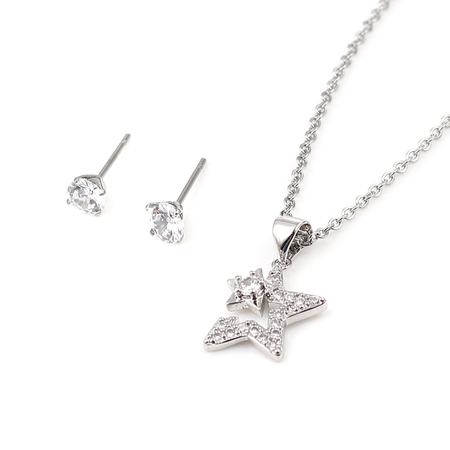 Set Stainless Steel Galaxy Necklace Earrings Set Jewelry For Valentine's Day Silver Color Round Star Clear Cubic Zirconia