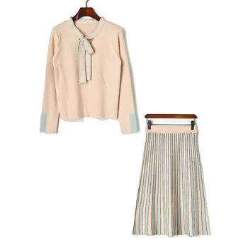 

Women Lace Up Bow Knitted Sweater Stripe Skirt Two Piece Suit O-Neck Long Sleeve Tops High Waist Skirts Set Sweater Outfits