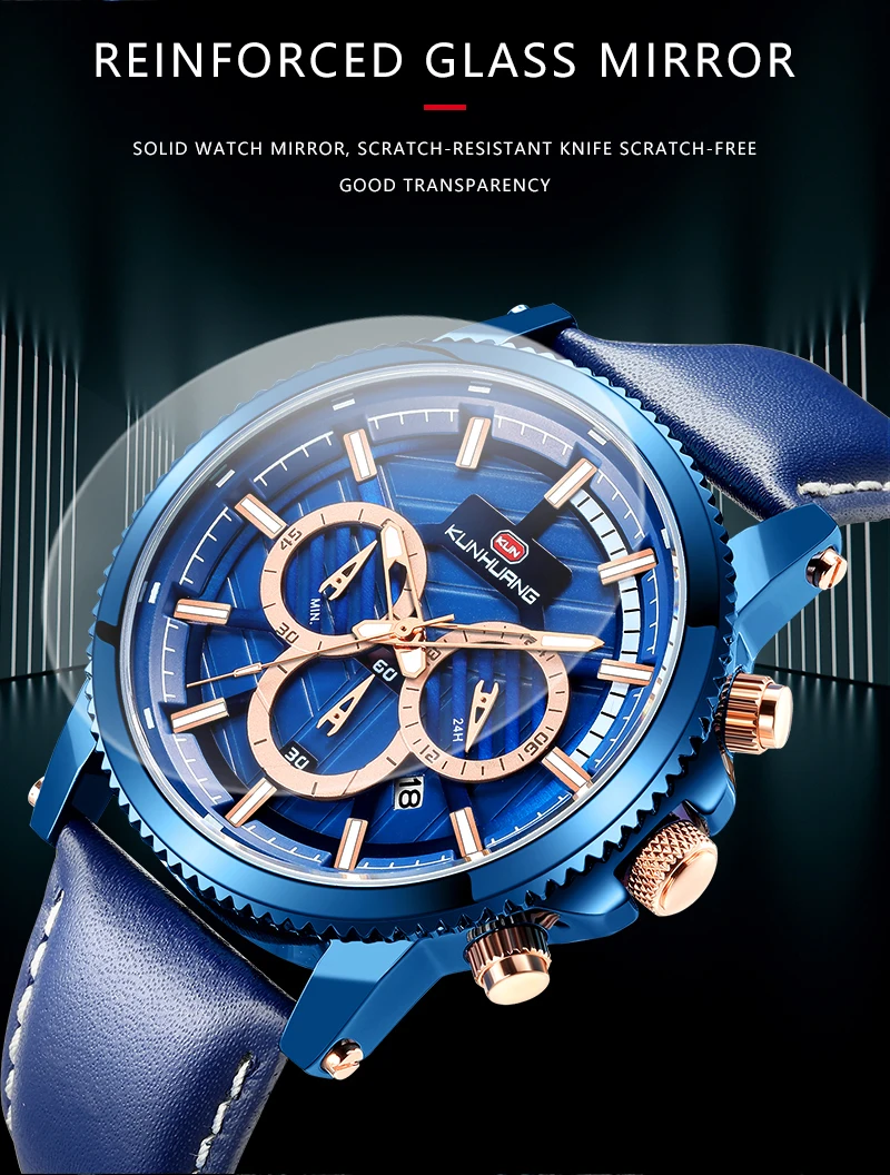 Новые синие Kun Huang Золотые спортивные часы мужские роскошные стильные часы из сплава часы Хронограф военные кварцевые часы в подарок коробка